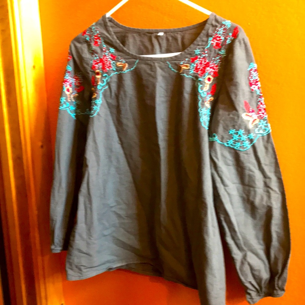 Grey embroidered long sleeve shirt